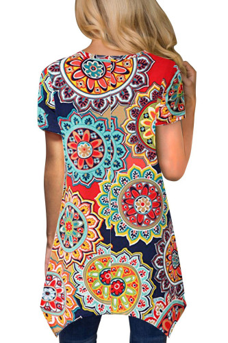 Multicolor Boho Floral Irregular Hem Short Sleeve Blouse
