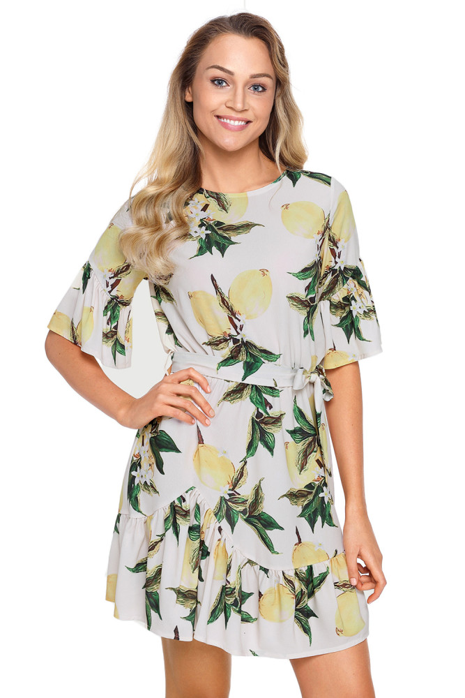 Fruit Print Pattern Ruffle Hem Chiffon Dress