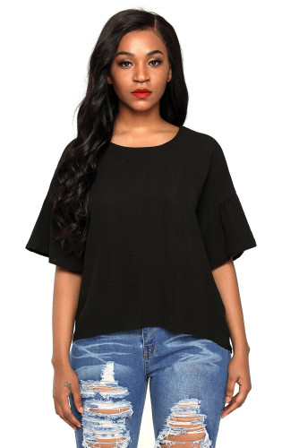 Black Short Bell Sleeves Sheer Chiffon Blouse