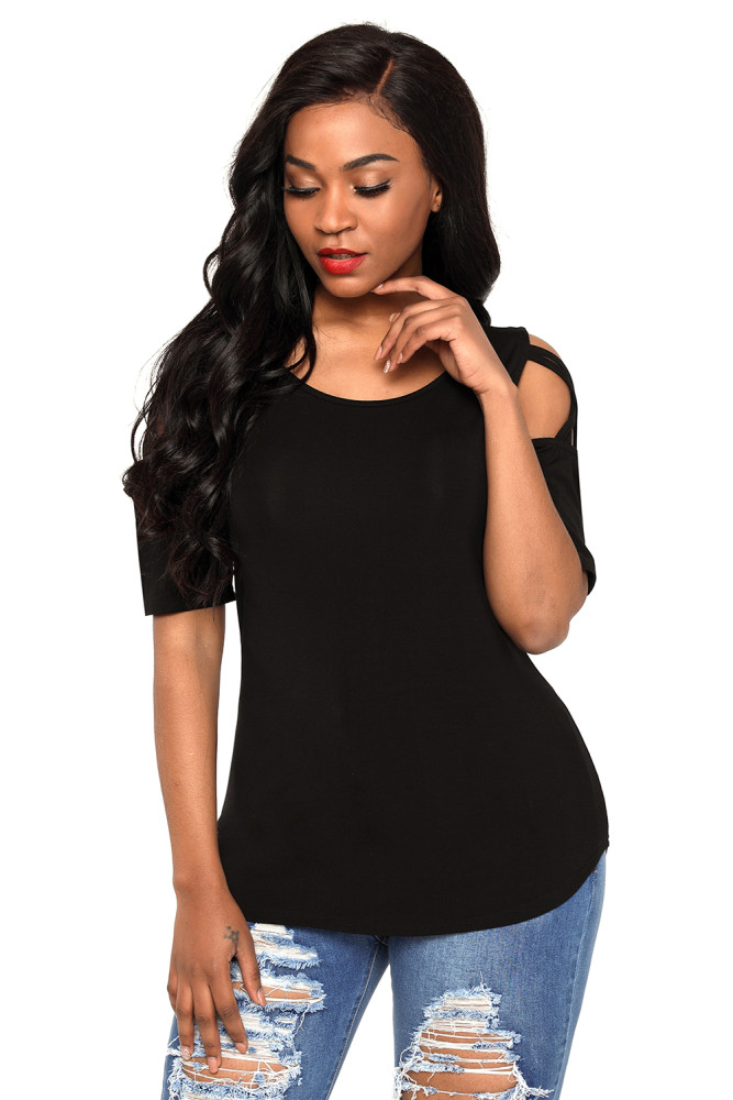 Black Crisscross Cold Shoulder Short Sleeve Shirt
