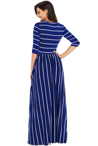 Navy White Striped Casual Pocket Style Maxi Dress