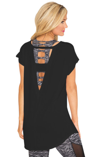 Black Geometric Hollow-outs Back Cap Sleeves Blouse