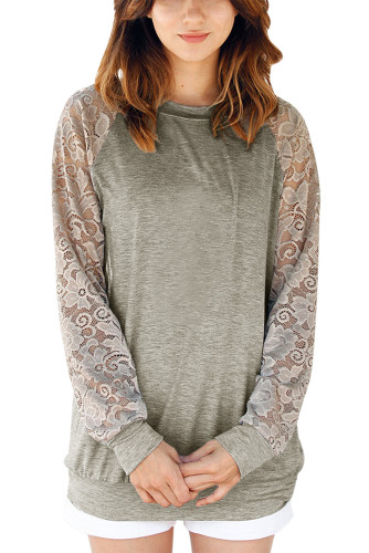 Lace Raglan Sleeve Grey Casual Sweatshirt