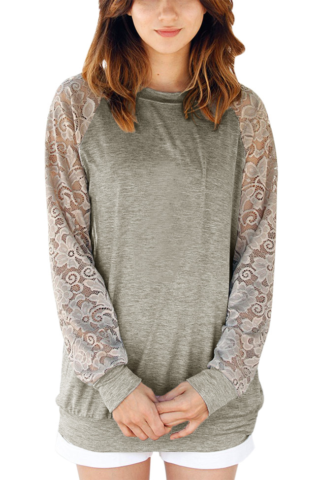 Lace Raglan Sleeve Grey Casual Sweatshirt