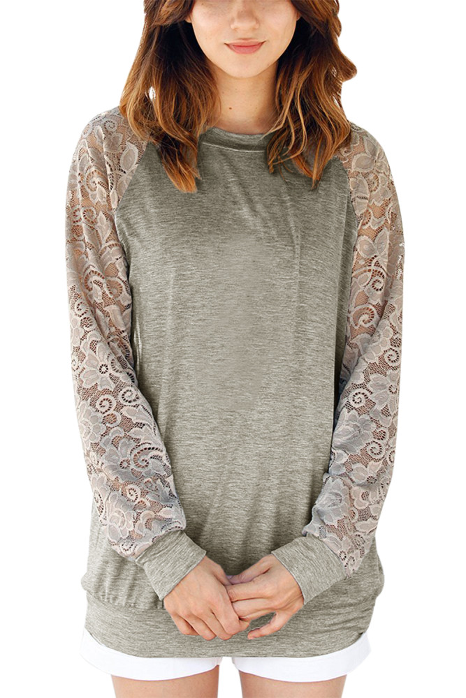 Lace Raglan Sleeve Grey Casual Sweatshirt