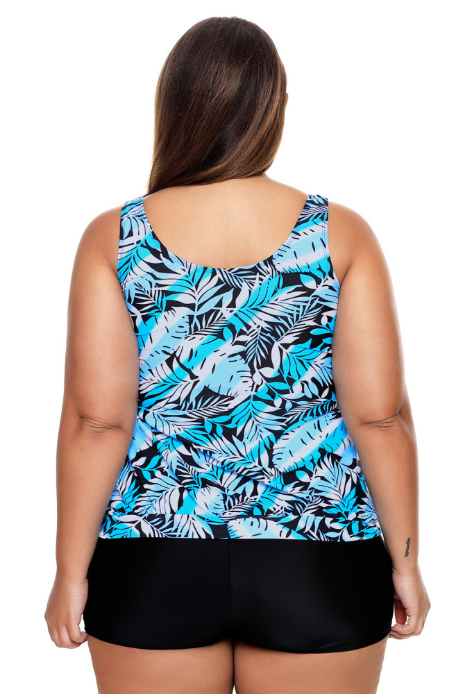 Blue Leaf Print Tie Side Tankini Short Swimsuit