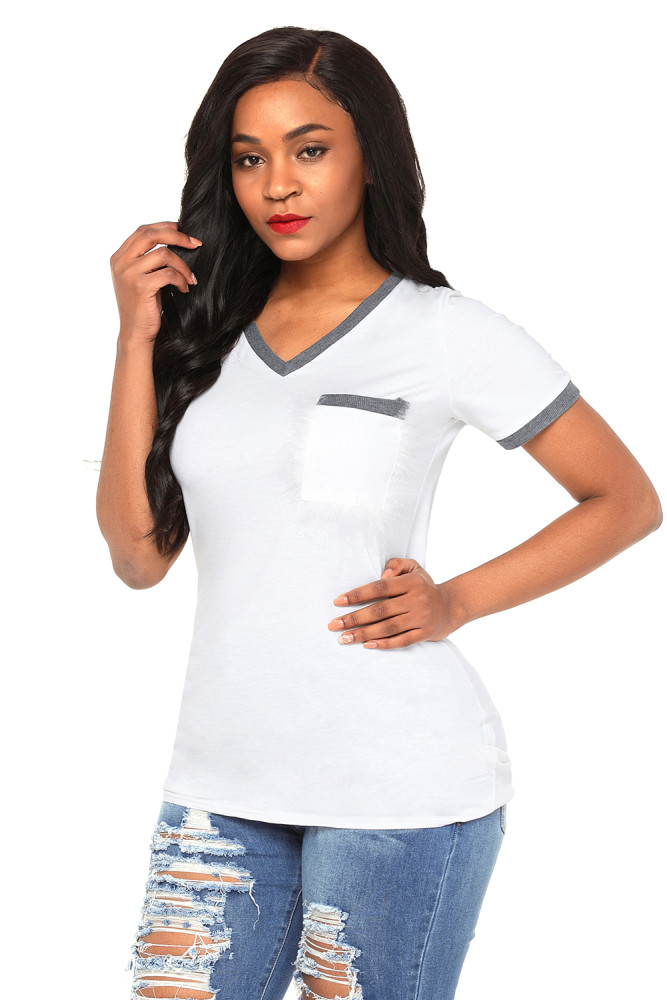 Gray Trimmed White V Neck Pocket Top