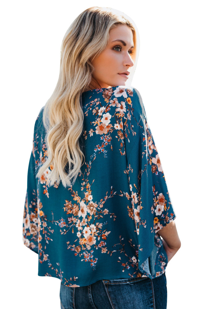Blue Flowery Print Tie Front Kimono Sleeve Blouse