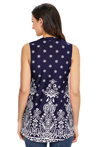 Navy Damask Print Ruched Tank Top
