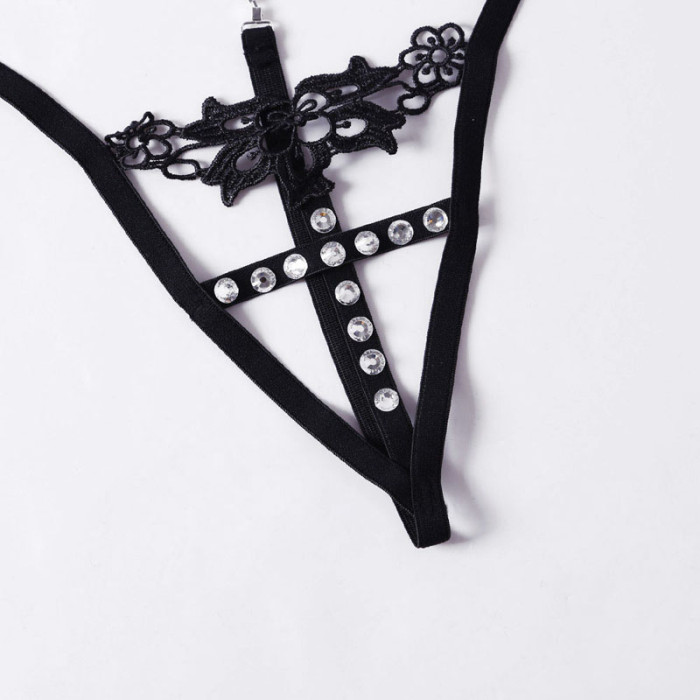 Black Timeless Elegance Peek-A-Boo Rhinestone G-string