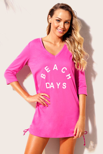 Rosy Ruched Tie Side V Neck Beach Cover Up