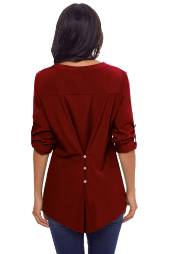 Red Lace Panel Split Neck Roll Tab Sleeve Blouse