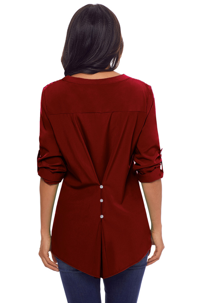 Red Lace Panel Split Neck Roll Tab Sleeve Blouse