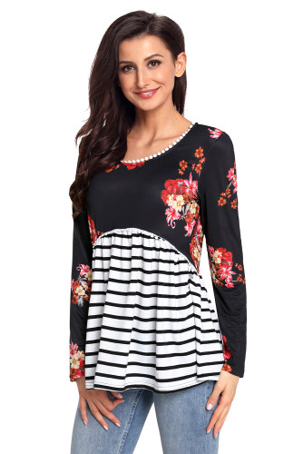 Black Floral Striped Babydoll Tunic