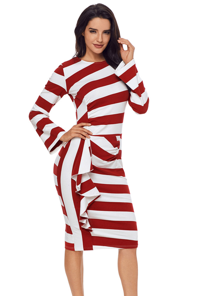 Burgundy Striped Ruffle Side Back Slit Long Sleeve Midi Dress