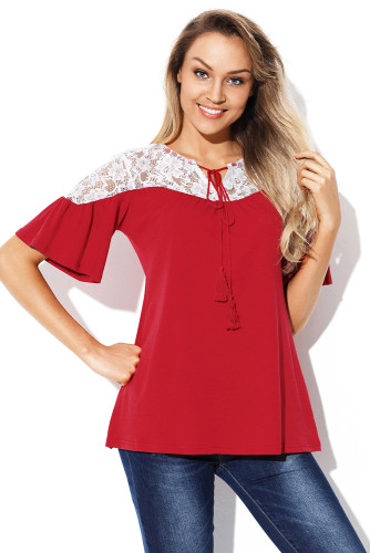 White Lace Splice Burgundy Short Sleeve Blouse