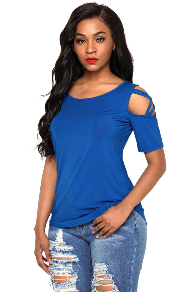 Royal Blue Crisscross Cold Shoulder Short Sleeve Shirt