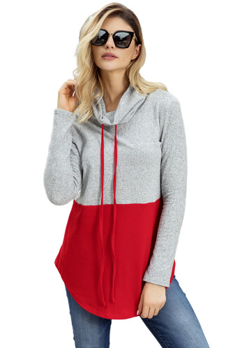 Grey Red Colorblock Drawstring Cowl Neck Sweatshirt