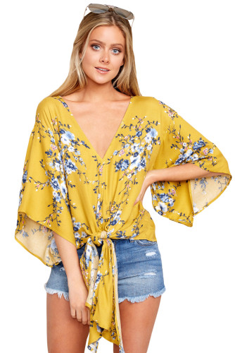 Mustard Flowery Print Tie Front Kimono Sleeve Blouse