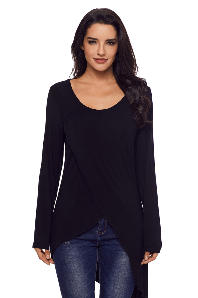Black Faux Wrap Irregular Hemline O Neck Shirt