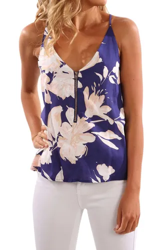 Navy V Neck Spaghetti Strap Floral Printed Tank Top