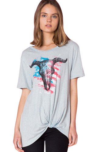 Gray American Bull Head Front Knot Graphic Top