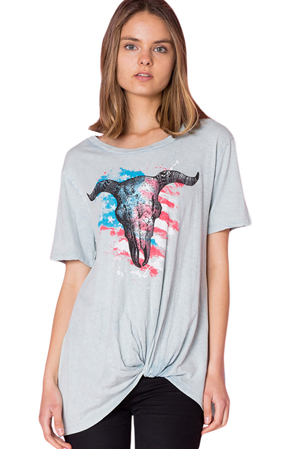 Gray American Bull Head Front Knot Graphic Top