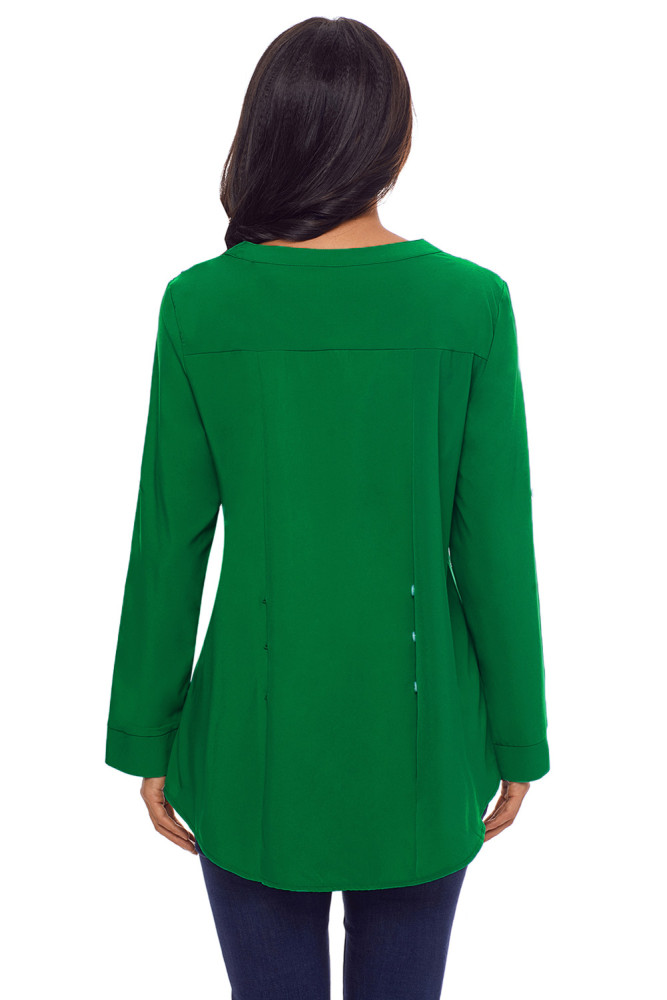 Green Lace Panel Split Neck Roll Tab Sleeve Blouse
