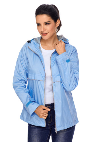 Light Blue Women Zipper Lapel Suit Blazer with Foldable Sleeve