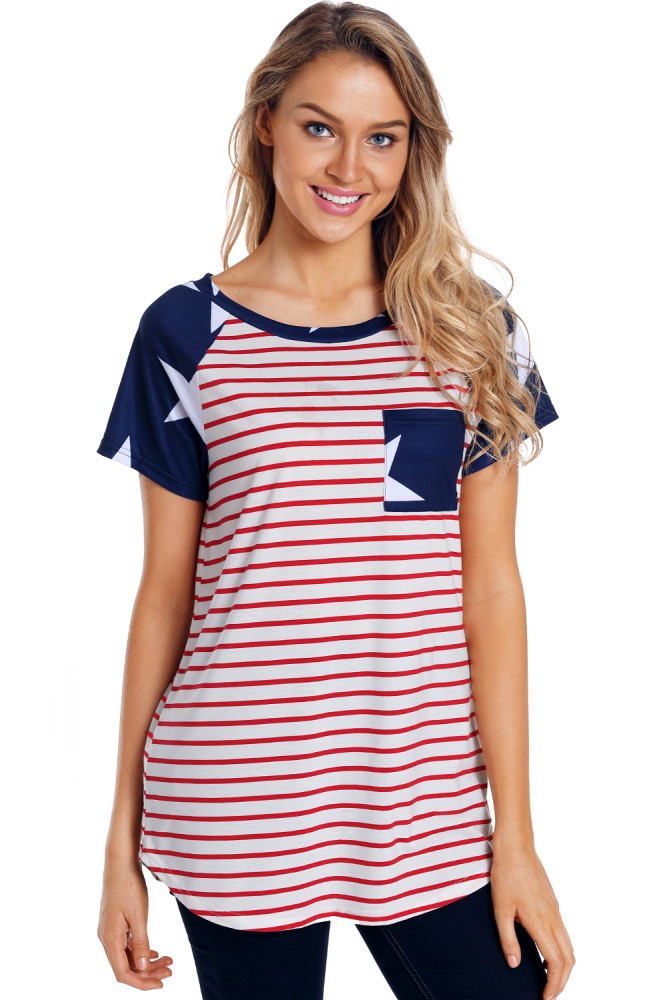 Star Short Sleeves Red Navy American Flag T-shirt