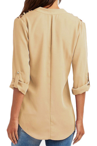 Khaki Crisscross Shoulder Detail Roll Tab Blouse