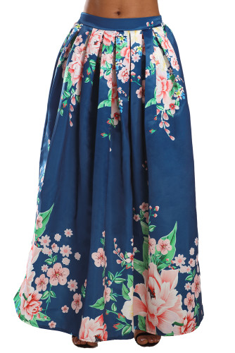 Navy Coral Floral Elegant Flared Maxi Skirt