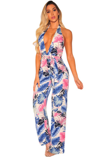 Blue Palm Print Halter Belted Jumpsuit
