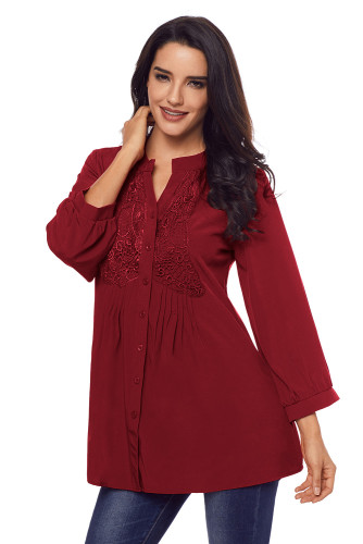 Wine Lace and Pleated Detail Button up Blouse