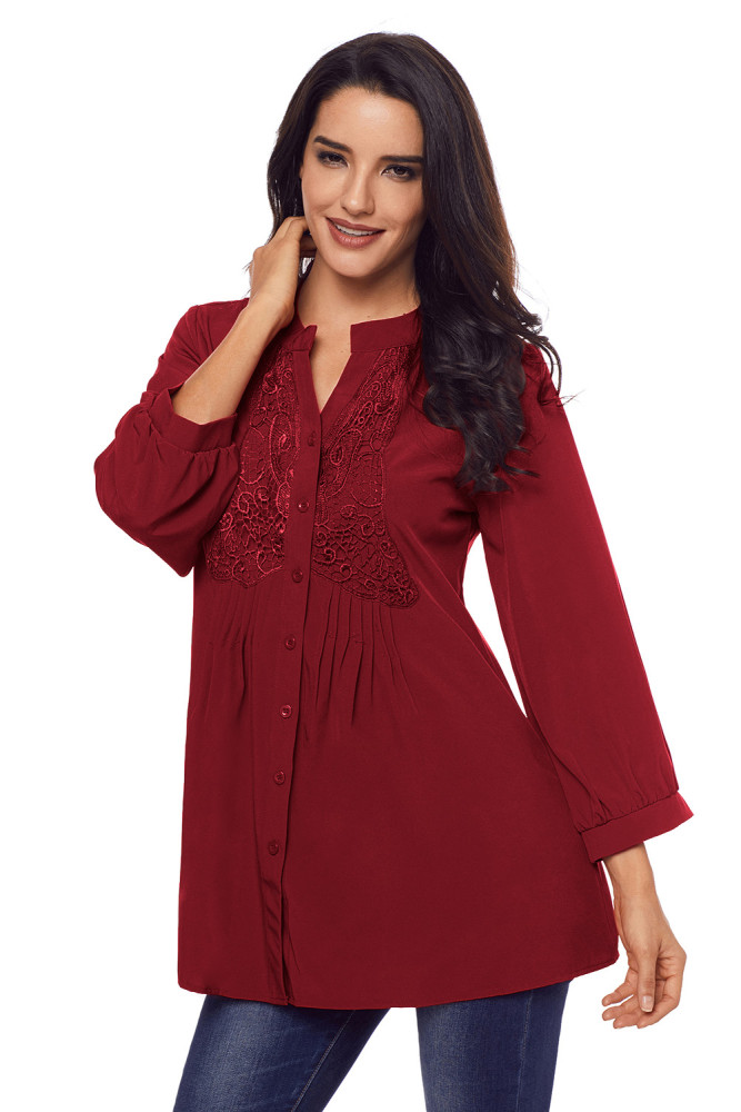 Wine Lace and Pleated Detail Button up Blouse