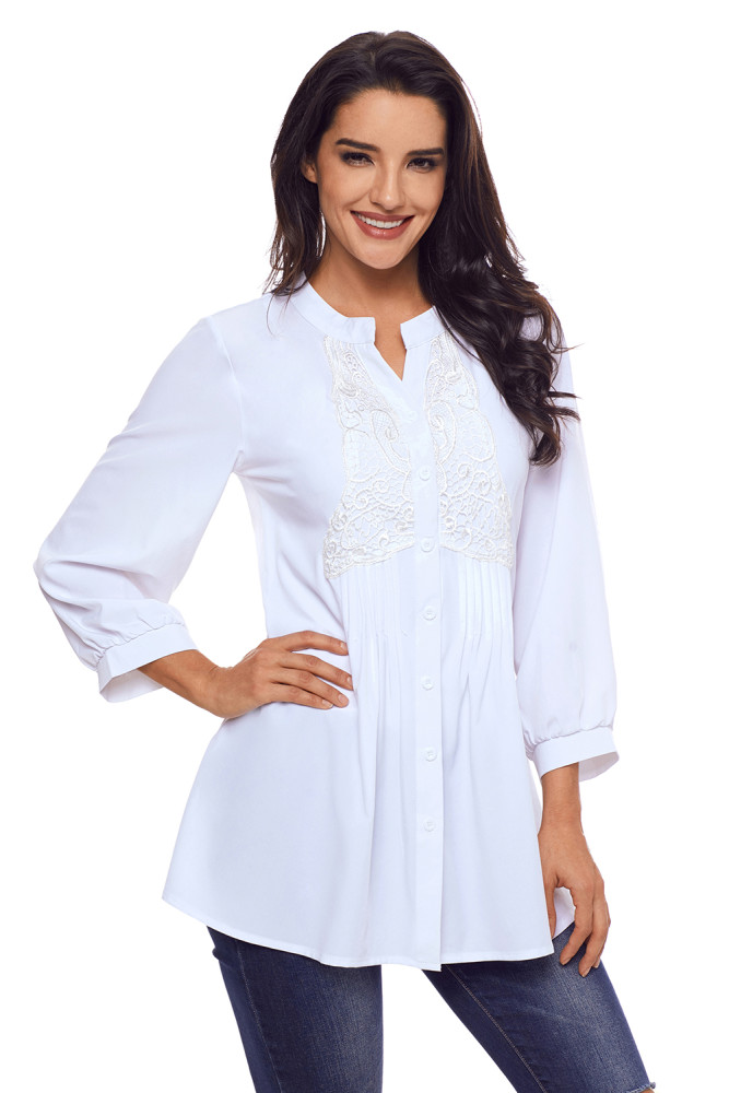 White Lace and Pleated Detail Button up Blouse
