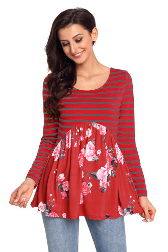 Purplish Red Floral Striped Babydoll Tunic