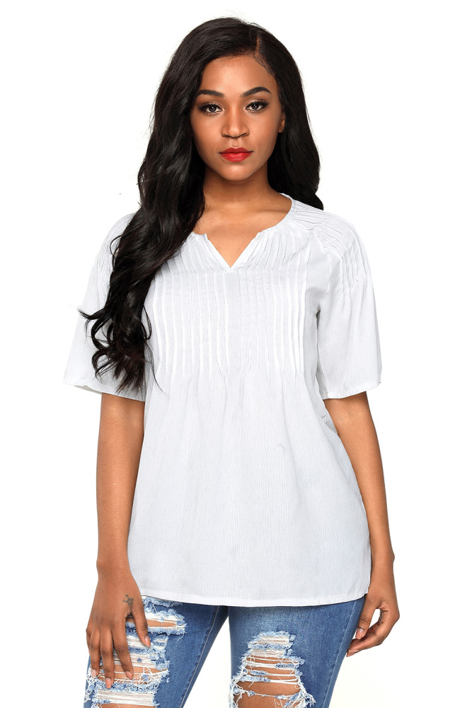 White Pintucks Detail Raglan Sleeves Blouse
