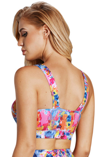 Abstract Painting V Neck Sport Bra with Keyhole