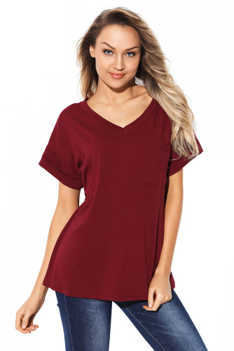 Burgundy Simple Fashion Pocket T-shirt