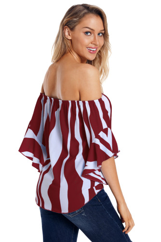 Off The Shoulder Vertical Stripes Blouse in Burgundy