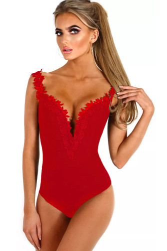Red Crochet Plunge Bodysuit