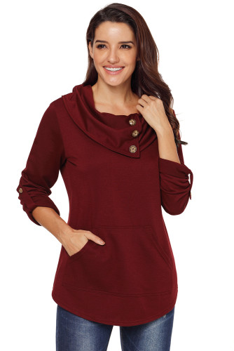Burgundy Cowl Neck Kangaroo Pocket Pullover Top