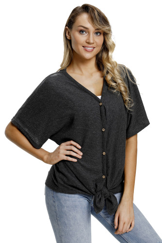 Black Dolman Buttoned Front Top with Tie