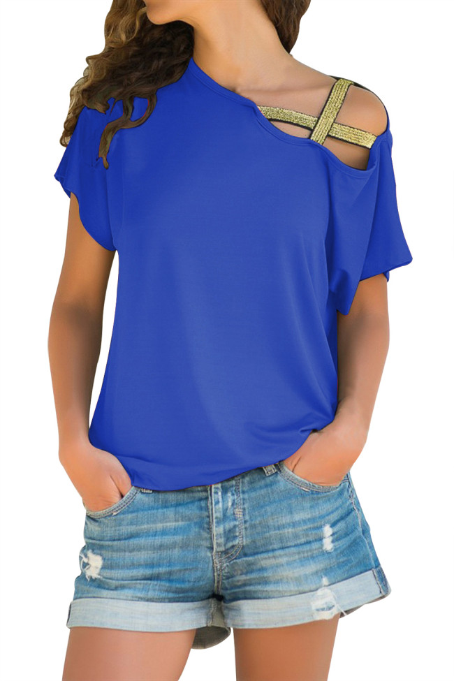 Glittery Cross Shoulder Detail Blue Short Sleeve Tee