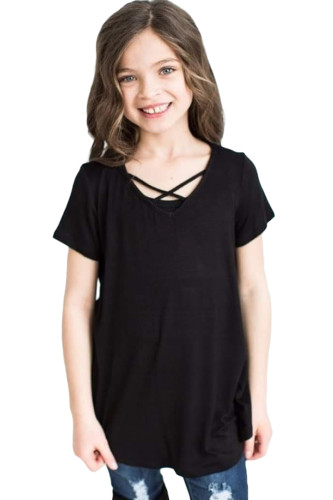 Black Crisscross V Neck Short Sleeve Tee for Little Girl