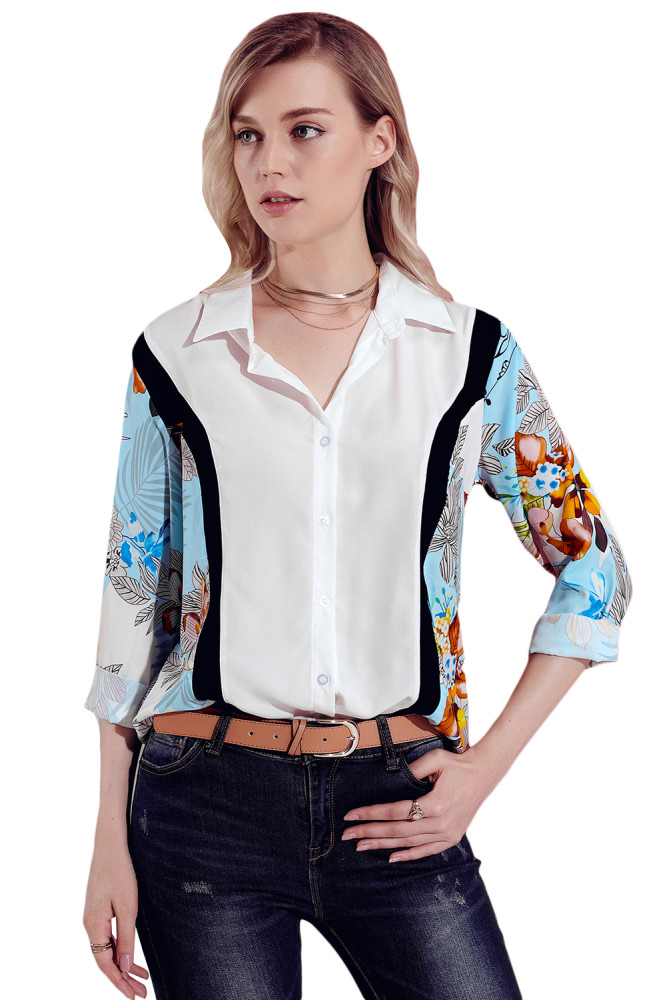 Multicolor Long Sleeve Floral Print Button Front Shirt