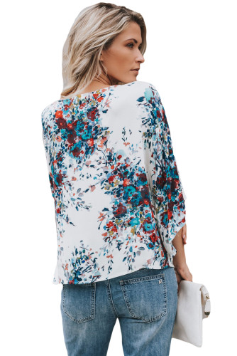 White Flowerlet Print Tie Front Kimono Sleeve Blouse