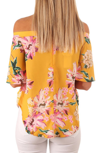 Yellow Floral Print Half Sleeve Off Shoulder Blouse