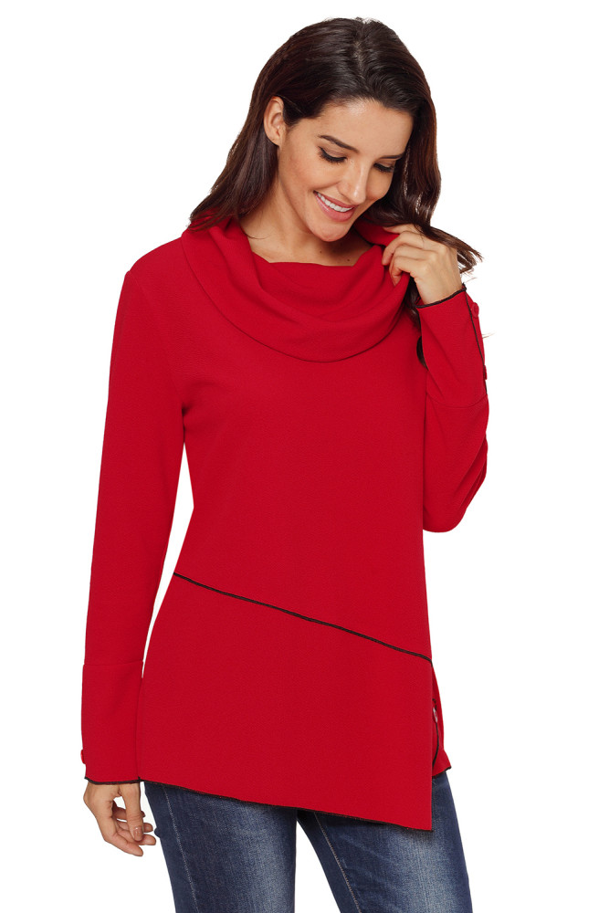 Red Button Detail Asymmetric Cowl Neck Sweatshirt